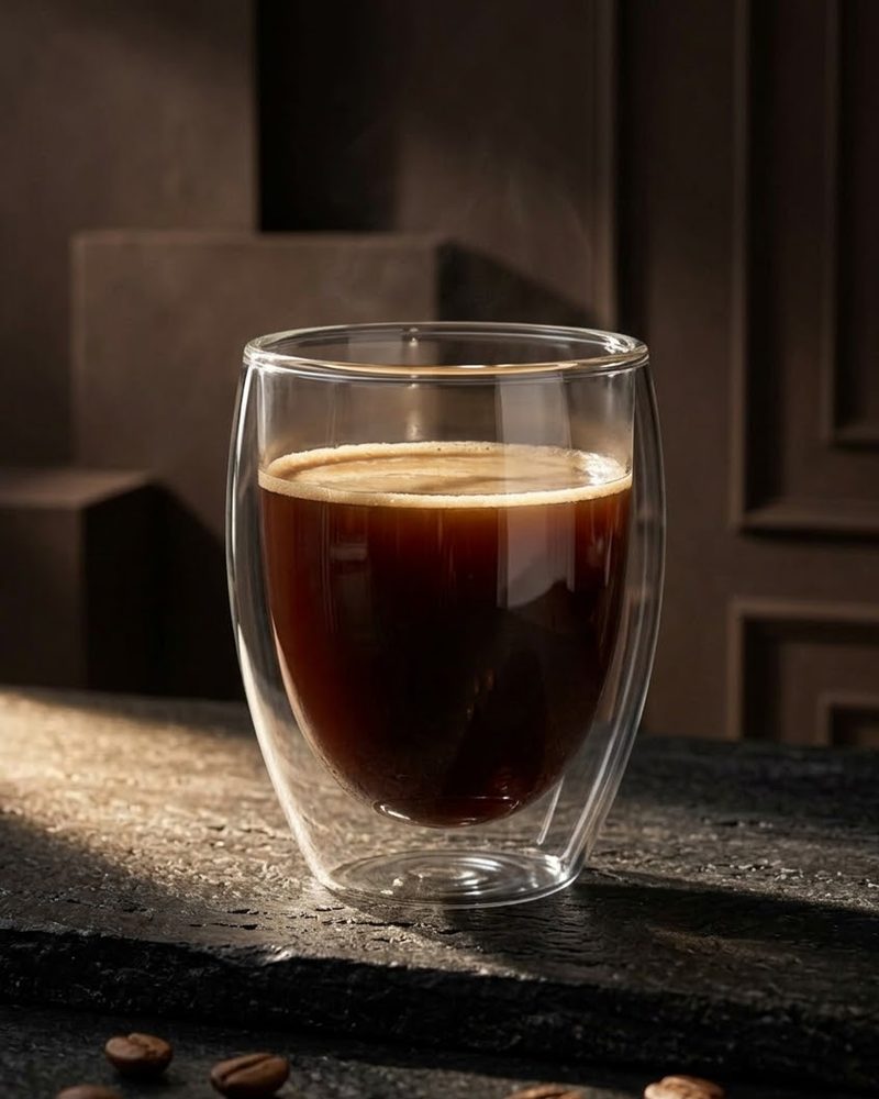 Vaso de café en estudio oscuro con luz lateral