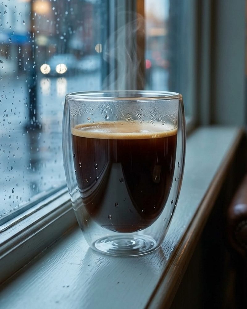 El café humeante en el marco de una ventana en un día de lluvia