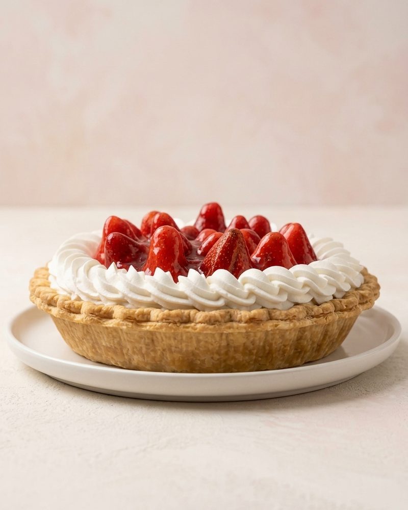 El mismo pie de fresas sobre fondo rosado pastel, vista frontal