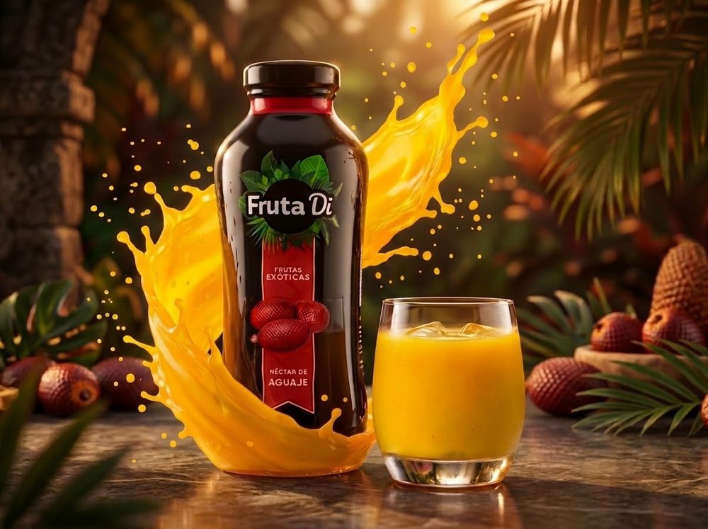 Botella de Fruta Di con salpicadura de néctar de aguaje y un vaso servido