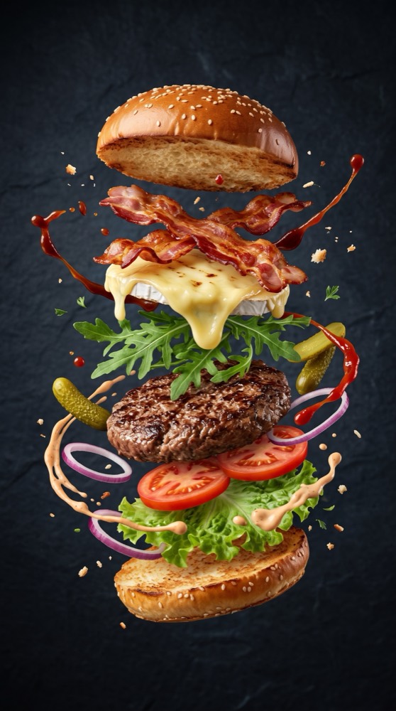 Hamburguesa con sus ingredientes separados en el aire, foto publicitaria con IA