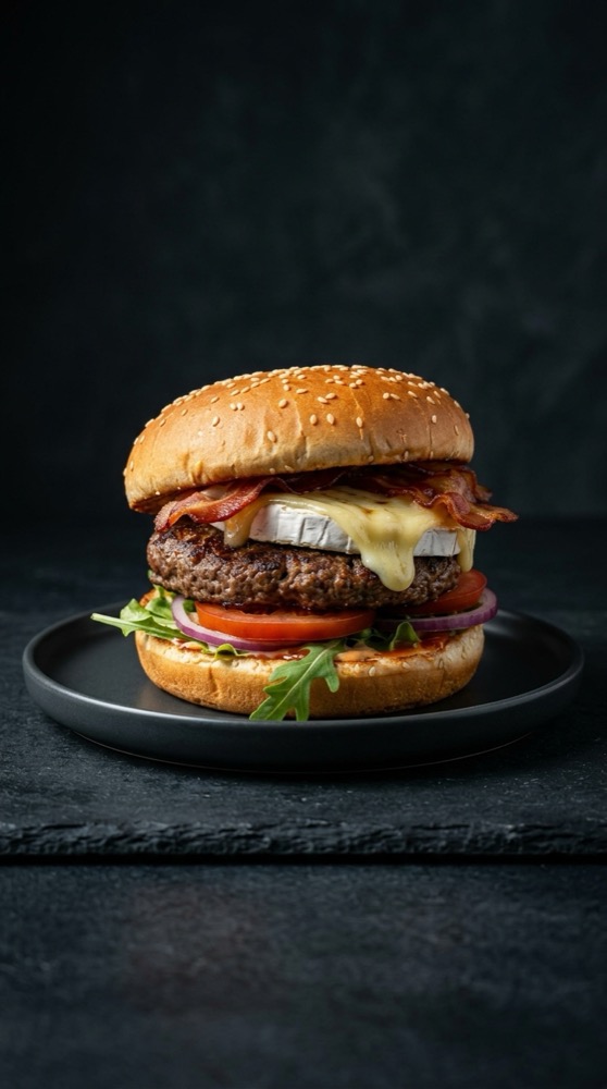 La misma hamburguesa en foto de estudio con IA, sobre un plato negro y fondo oscuro