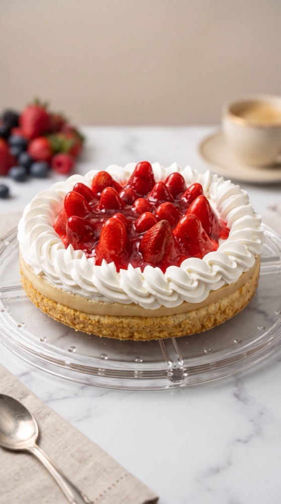 Pie de fresas con crema sobre una base de vidrio, en foto de estudio con IA